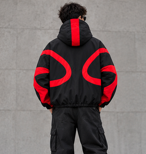 Veste coupe-vent noire et rouge personnalisée, à capuche, légère, pour le sport et la ville, avec fermeture éclair, empiècements contrastés et design personnalisé - Product Image 5