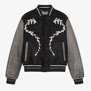 Veste de baseball noire personnalisée pour homme avec broderie blanche, manches en cuir PU, style décontracté pour l'automne, col rabattu, fermeture à boutons - Product Image 2