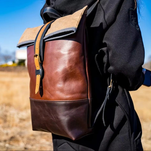 Slim Profile <b>Leather</b> Roll Top <b>Backpack</b> Compact Rucksack For Daily Commute Lightweight <b>Leather</b> Bag LRTB-0177 - Product Image 1