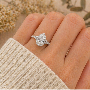 Bague de fiançailles en forme de poire avec zircon et perle d'eau douce, bande pavée plaquée argent 925, bijoux de mariée vintage de luxe pour femmes IGI/ - Product Image 6