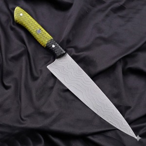 Finished Elegant Stainless Steel Damascus Chef Knife with Black & Green Honeycomb Handle, Mosaic Pin & Silver Accents - Product Image 1