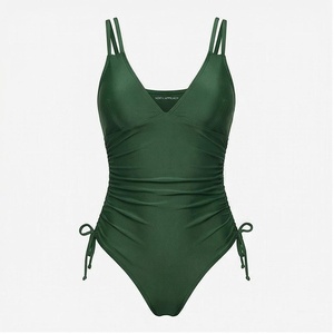 Women One Piece Swimsuit Deep V Neck Ruched Side Tie Halter Swimwear Solid Green Stretch Fabric - Product Image 1