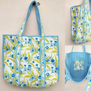 Bolso tote acolchado de algodón floral con ribete a rayas rosas, estilo preppy, bolso de compras con parte superior abierta para mujer - Product Image 3