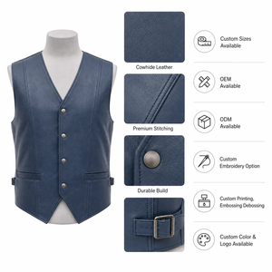 <b>Men's</b> Plus Size Autumn Navy Blue V-Neck Leather Look <b>Vest</b> Casual Outerwear Single Breasted Button Closure 100% Leather Cotton - Product Image 5