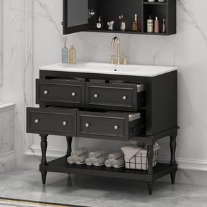 Mobile Bagno Autoportante in Legno Massello da 36 Pollici con 4 Cassetti e Lavabo Sottopiano in Ceramica - Set Completo - Product Image 5