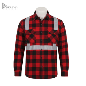 Chemise de travail de sécurité personnalisée OEM en flanelle de coton brossé épais à carreaux rouges et noirs avec double poche à rabat et éléments réfléchissants - Product Image 1