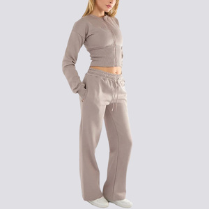 Custom Daily Casual Wear Zipper Crop Coat Top Drawstring Waist Solid Color 2 Pieces <b>Sweatpants</b> and Sweatshirt <b>Women</b> Set - Product Image 1