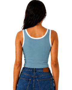 Débardeur court côtelé bleu ardoise pour femme, col en V, coupe ajustée, sans manches, avec bordure blanche, en coton extensible, style décontracté d'été, haut tendance pour femme - Product Image 2