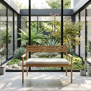 wholesale modern minimalist teak wood garden <b>bench</b> outdoor patio two seater wooden sofa seating with white <b>cushion</b> furniture set - Product Image 4