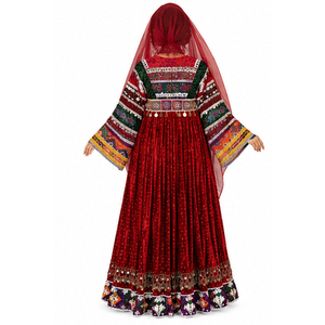 Vestido Afgano Kuchi Hecho a Mano, Étnico, Tribal, Tradicional, con Encaje Bordado, Transpirable, Teñido Liso, de Cachemira y Chifón - Product Image 2