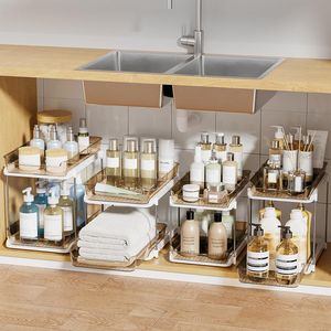 Meuble de rangement multifonction à 2 niveaux pour salle de bain et cuisine, armoire à pharmacie coulissante, organisateurs de garde-manger empilables pour une organisation optimale - Product Image 3