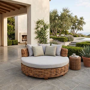 Sofá cama redondo de lujo de mimbre y ratán para exteriores, patio, jardín, tumbona con cojín gris y almohadas, conjuntos de muebles al por mayor - Product Image 3