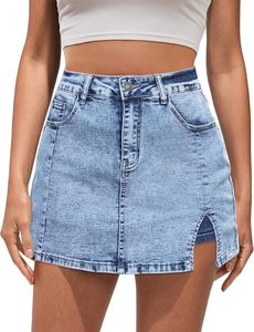 Jupe mini en jean taille haute avec fente latérale, coupe crayon, décontractée, pour femme, été, en tissu de coton délavé - Product Image 1