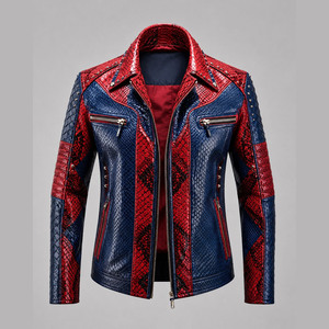 Nouvelle arrivée : Blouson en cuir pour homme grande taille, col montant, fermeture éclair, style motard, effet peau de serpent - Product Image 3