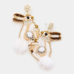 Boucles d'oreilles pendantes spéciales lapin perlées, motif lapin noir à sequins et perles, avec queue en pompon, pour Pâques, fêtes, événements et cadeaux - Product Image 2