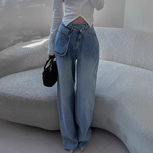 Jeans de Mujer de Pierna Recta Versátiles con Hebilla Diagonal Irregular de Cintura Alta, Estilo Retro y Temperamento, Colección Otoño 2026, Venta al por Mayor para Boutiques - Product Image 2