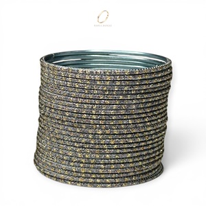 Wedding Ready Grey Stainless Steel Fashion <b>Bangles</b> <b>Bracelet</b> Set for Women Glitter Gold Plated Crystal Accents at Wholesale Price - Product Image 4
