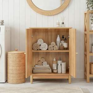 Meuble-lavabo de salle de bain élégant et durable en aggloméré mélaminé couleur bois naturel 60x30x80cm, finition rotin, double porte - Product Image 6