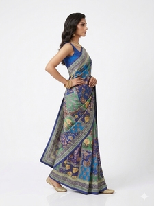 Devi Fashions Traditional Indian Silk <b>Saree</b> <b>Women</b> Blue Green Printed Floor Length Wedding Wear Regular Fit Wrinkle Free Quick - Product Image 3