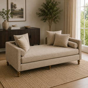 Canapé-lit beige moderne |   Canapé 3 places rembourré en tissu avec coussins, garniture cloutée, pieds en bois, mobilier de salon, divan-lit - Product Image 3
