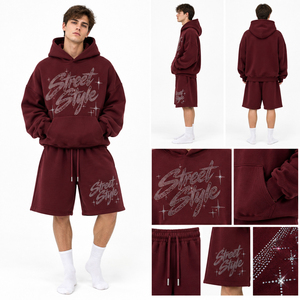 Conjunto de Sudadera con Capucha y Pantalones Cortos para Hombre, Estilo Urbano, Estampado de Diamantes de Imitación, Sudadera de Algodón, Pantalones Cortos, Chándal, Ropa de Invierno, Conjunto de Sudadera con Capucha - Product Image 5
