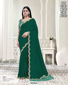 SILSILA <b>Black</b> Crape <b>Satin</b> Silk Saree With Embroidered Border Floor-Length Elegant Women's Wedding Wear Size S To XL - Product Image 4