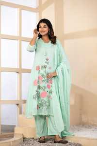 Premium <b>Mint</b> Green Mul Cotton A Line Embroidered Suit Set for Women with Pant Dupatta Ethnic Wear - Product Image 1