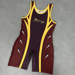 Men's Maroon Yellow Wrestling Singlet One-Piece Fitted Spandex Polyester Stretch Martial Arts Wear Adult Size - Product Image 1