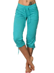 Pantalones capri de punto de color liso para mujer con cintura con cordón y rayas laterales, de tiro medio, informales, para verano - Product Image 3