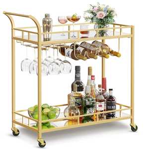Vintage Round Gold Bar Cart 2-Tier Mirrored Glass <b>Serving</b> <b>Trolley</b> Luxury Mobile Drink Cart for Living Room and Cocktail Party - Product Image 2