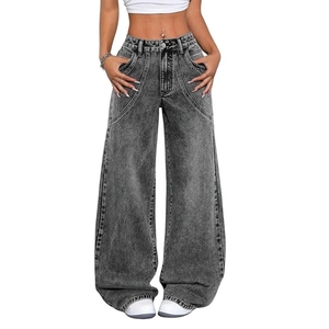 Jeans cargo pour femmes – Pantalon en denim ample à taille haute et jambes larges, coupe décontractée avec poches utilitaires - Product Image 1