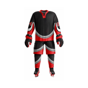 Uniforme de Hockey sobre Hielo de Alta Elasticidad y Secado Rápido, Cuello Redondo, Color Negro y Rojo, Mangas Ajustadas, Tela de Poliéster, Uniformes de Hockey sobre Hielo de Alta Calidad - Product Image 1