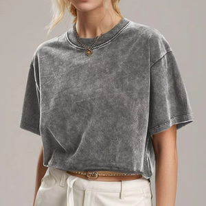 Wholesale Pure Cotton Slim Fit Summer Women's T-shirts Acid-washed Style Knitted Fabric Custom Logo crop <b>top</b> Women T Shirt - Product Image 5
