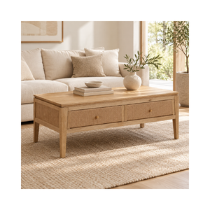 Mesa de Centro de Madera Maciza Colección ELYSIUM, 2 Cajones, Acabado Natural, Muebles Contemporáneos para Sala de Estar - Product Image 1