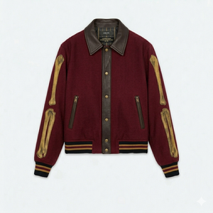 เสื้อแจ็คเก็ตวาร์ซิตี้ลายโครงกระดูกแบบแพทช์เวิร์คสำหรับฤดูหนาว  ไซส์ใหญ่ สไตล์สตรีทแวร์ พร้อมโลโก้แบบกำหนดเอง - Product Image 1