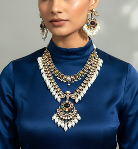 Luxury Traditional <b>Indian</b> Bridal <b>Jewelry</b> <b>Set</b> Gold Plated Multicolored Moissanite Polki Layered Necklace with Matching earrings - Product Image 1