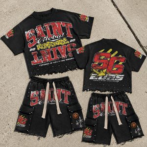Vintage <b>Black</b> Solid Casual Knitted Oversized T <b>Shirt</b> Cargo Shorts Set Washed Finish Studded Trim Multi Pocket Streetwear Two - Product Image 2