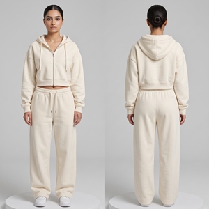 Custom <b>Women</b> 2 Piece Set Cropped Zip Up Hoodie <b>Jogger</b> Sweatpants Tracksuit <b>Fleece</b> Sportswear Wholesale OEM China Manufacturer - Product Image 2