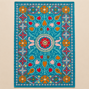 Couvre-lit en coton brodé Suzani fait main, turquoise, multicolore, floral, style bohème, couvre-lit traditionnel indien, décoration ethnique pour la maison - Product Image 5