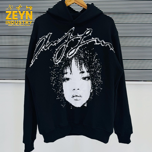 Sweat-shirt à capuche oversize ZEYN INDUSTRY, imprimé pailleté, motif visage en strass, unisexe, streetwear, automne, noir, coton, français - Product Image 3