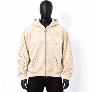 Sudadera con capucha y cremallera completa, color blanco nieve, con pedrería, personalizada, OEM, de forro polar grueso, para ropa urbana con gráficos, fabricación de prendas de vestir. - Product Image 3
