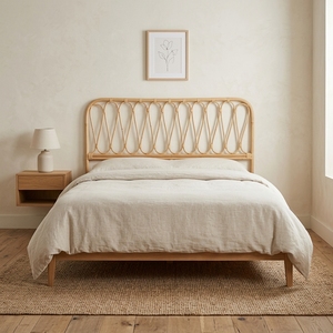 New Modern Minimalist Wave Loop <b>Rattan</b> Headboard <b>Bed</b> <b>Frame</b> Wood Eco-Friendly Brown Microfiber Upholstered Box Custom Bedroom - Product Image 2