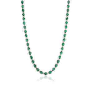 Luxurious Hot Sale 22.11 Ct. Emerald & Diamond <b>Statement</b> Halo Tennis <b>Necklace</b> K14 Solid Yellow Gold Customized Wholesale Jewelry - Product Image 1