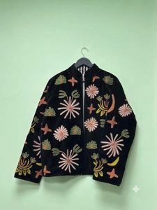 Black Embroidered <b>Velvet</b> Breathable Woven Short Stand Collar Zip-Up Bomber <b>Jacket</b> Floral Pattern <b>Women</b> Outerwear - Product Image 3