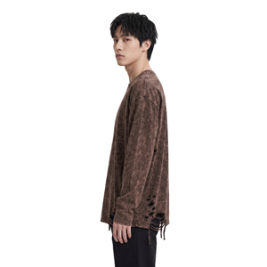 เสื้อยืดแขนยาวผู้ชายไซส์ใหญ่ สไตล์ดิสเทรส สตรีทแวร์ ผ้าฝ้าย 100% คอกลม ไหล่ตก - Product Image 3