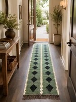 Tapis de couloir Bohème Vert en Laine et Jute, Kilim Scandinave Fait Main, Personnalisé pour Ferme, Couloir, Hall d'entrée