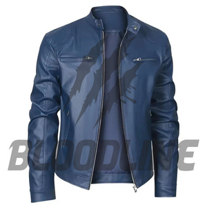 BLOODLINE Men's Blue PU Leather Moto <b>Biker</b> <b>Jacket</b> Slim Fit Zipper Closure Stand Collar Autumn Wear - Product Image 1