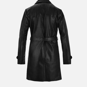 Abrigo de Cuero Genuino Negro para Hombre, Estilo Gabardina hasta la Rodilla, Doble Botonadura, Solapa con Muescas, Manga Regular, con Cinturón - Product Image 2