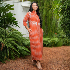 Robe maxi élégante pour femmes en coton et lin orange - Product Image 4