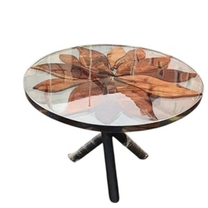 Table de salle à manger ronde industrielle moderne avec bord brut en bois massif et résine époxy transparente pour la maison, le bureau, l'hôtel et la salle à manger. - Product Image 2